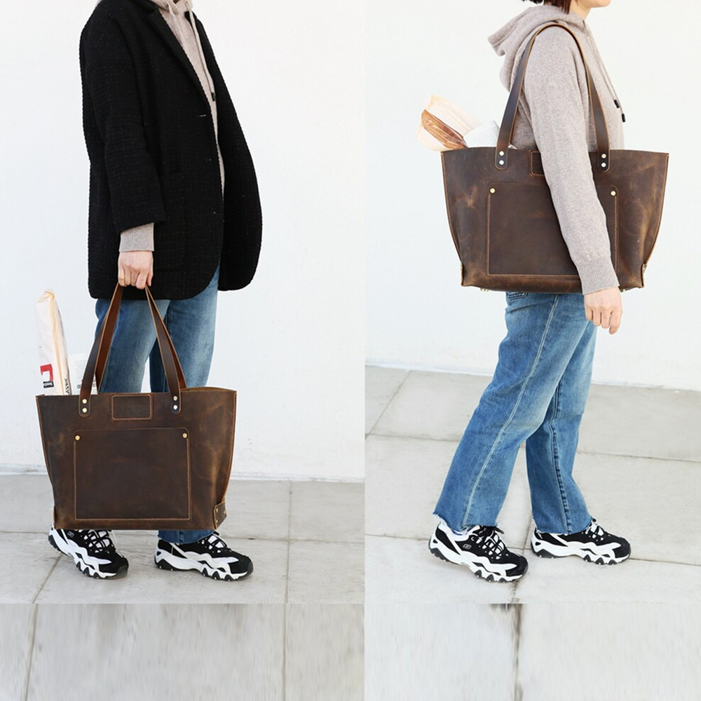 手工欧美头层皮真皮托特包大容量