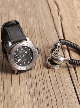 手工缝纫头层真皮黑色疯马皮表带适用于沛纳海PANERAI表WS09BB