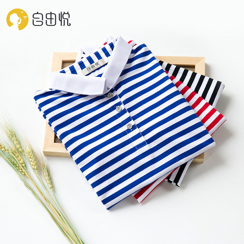 蓝白条纹衬衫女短袖翻领海魂衫修身t恤女海军纯棉上衣polo衫定制