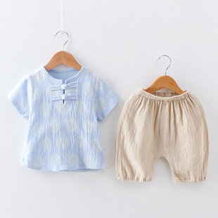 新款 套装 童装 3岁4潮 短袖 宝宝棉麻衣服两件套1 儿童夏季 男童夏装