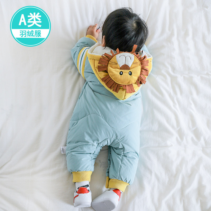 婴儿羽绒服冬季连体衣新生宝宝外出抱衣爬服冬装白鸭绒0-1岁哈衣