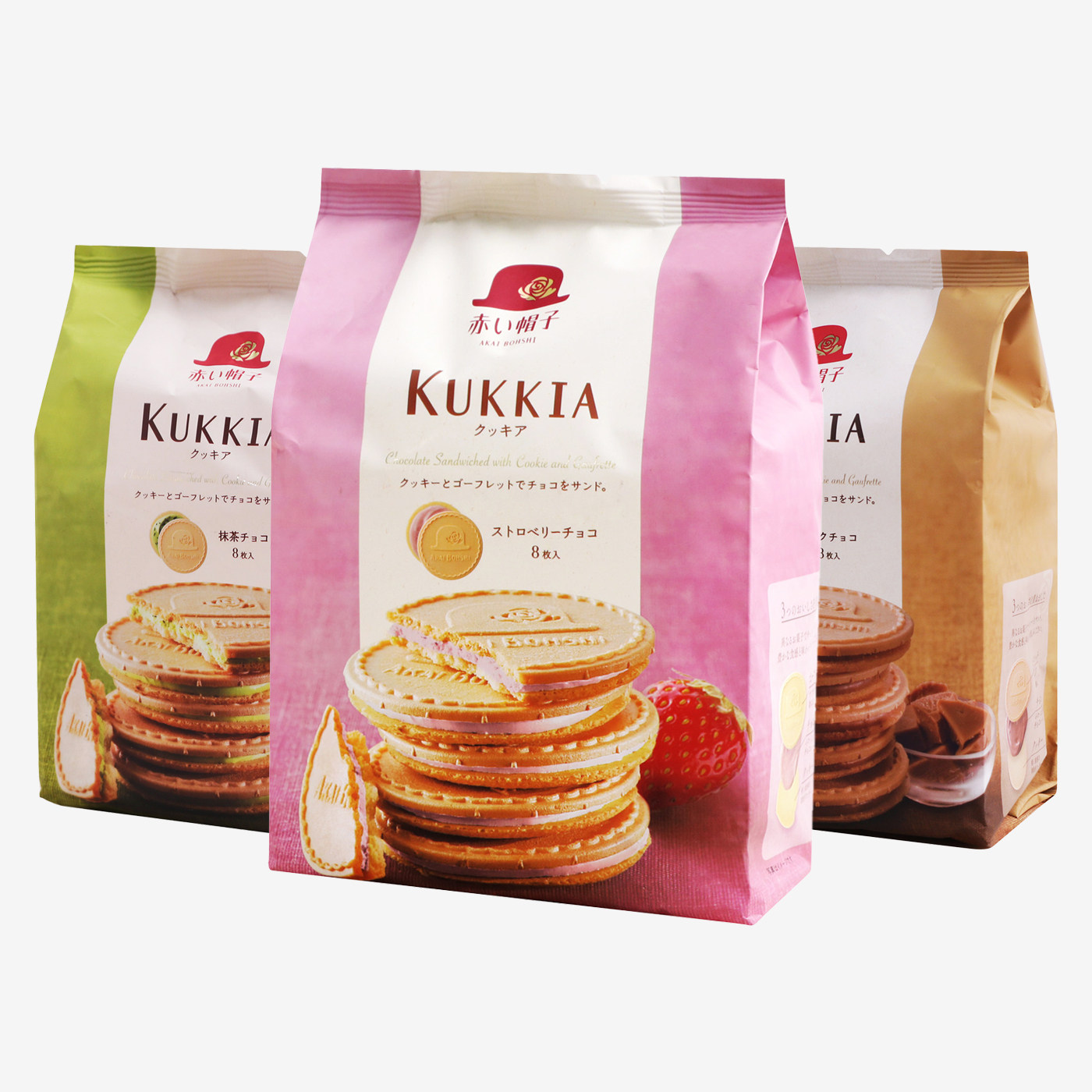 日本红帽子饼干kukkia仟朋抹茶味牛奶味巧克力夹心薄脆饼干8枚入
