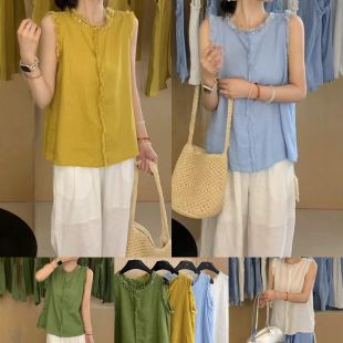 宽松花边背心女夏设计师气质款 亚麻背心钉珠上衣2025新款 圆领无袖