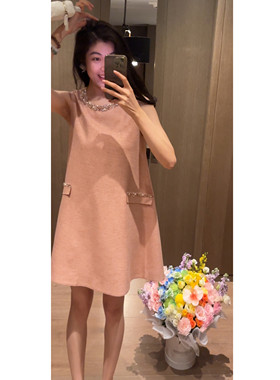 N.COU妮蔻26夏新款法式减龄气质小香风莱赛尔钉钻圆领连衣裙短裙