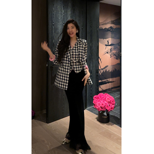 显瘦外套套装 领修身 时髦减龄黑白棋盘格西装 N.COU妮蔻25冬新款