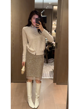 N.COU妮蔻25冬新款精致老钱风设计感百搭烫钻高领绵羊毛针织开衫