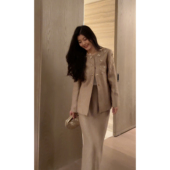 N.COU妮蔻25春新款 轻奢高级感气质重工钉珠麻料外套半裙套装