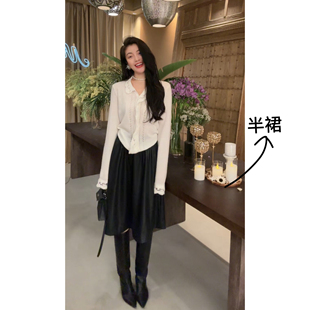 N.COU妮蔻25冬新款法式复古时髦气质简约A字高腰显瘦皮裙半身裙