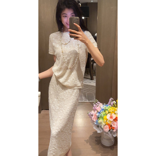 N.COU26夏新款编织镂空圆领轻奢刺绣设计肌理感上衣半裙套装女