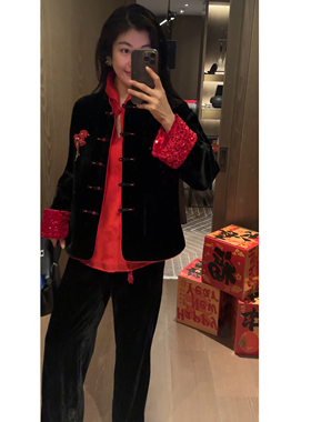 N.COU妮蔻26春新款新中式马年钉珠刺绣100桑蚕丝重工轻奢丝绒外套