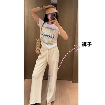 2N.COU妮蔻26夏新款重工烫钻松紧腰卫裤休闲裤女高腰显瘦抽绳长裤