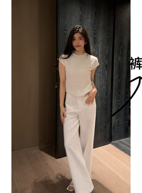 N.COU妮蔻25春新款白色百搭设计玫瑰印花高腰显瘦直筒休闲裤