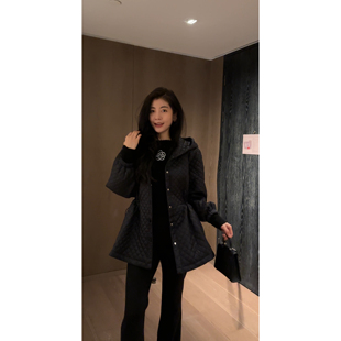 N.COU妮蔻25冬新款 收腰高级感菱形格设计感连帽保暖宽松棉服外套