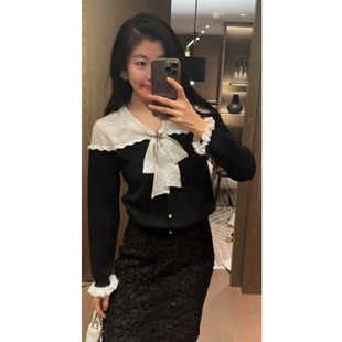 稀有色 25冬新款 温柔拼接V领蝴蝶结针织毛衣DY11073 N·COU