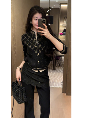 N.COU妮蔻25冬新款百搭时髦100绵羊毛菱形纹设计感圆领针织开衫