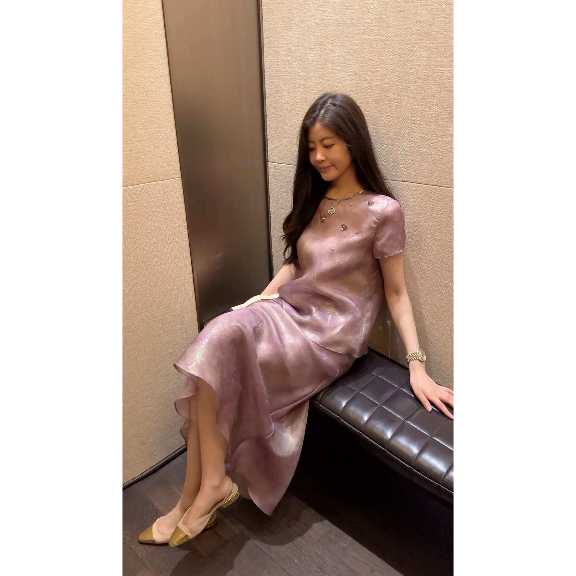 N.COU妮蔻26夏新款轻奢重工钉钻桑蚕丝套装女紫色上衣半裙两件套