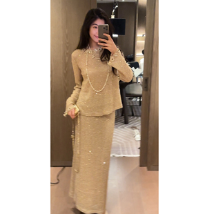 2 N.COU妮蔻26春新款时髦精致气质圆领珠花装饰针织上衣半裙套装