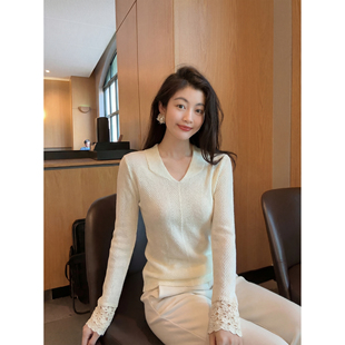 显瘦V领针织打底衫 口镂空设计感修身 洋气精致袖 N.COU妮蔻25冬新款