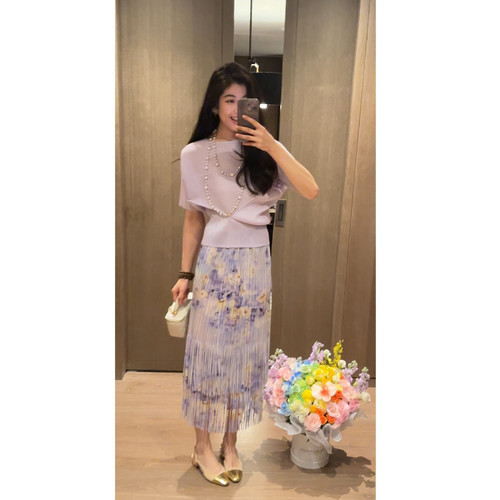 N.COU妮蔻26夏新款绝美三宅压褶流苏印花度假风上衣半裙套装女