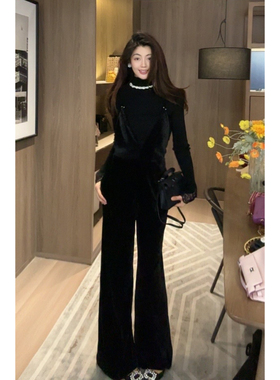 N.COU妮蔻24秋新款复古百搭气质V领黑色丝绒阔腿显瘦连体背带裤