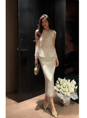 N.COU妮蔻25夏新款新中式轻奢流光暗纹浮雕提花金丝上衣半裙套装