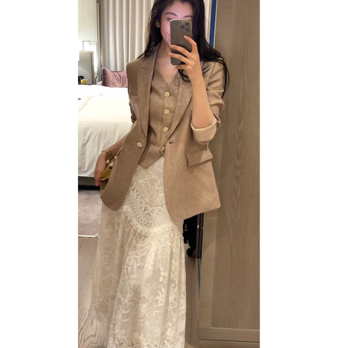 N.COU妮蔻26春新款气质轻奢通勤风高级感金丝亚麻西装马甲唐装