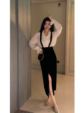 N.COU妮蔻25秋新款法式高级感气质百搭开叉收腰显瘦黑色背带裙