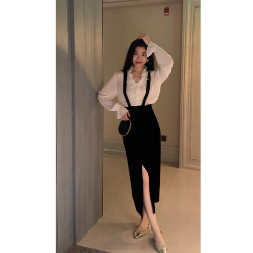 N.COU妮蔻25秋新款法式高级感气质百搭开叉收腰显瘦黑色背带裙