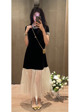 N.COU妮蔻26夏新款黑色丝绒网纱拼接连衣裙女高级感短袖显瘦长裙