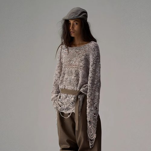 复古时髦破洞毛织宽松百搭圆领