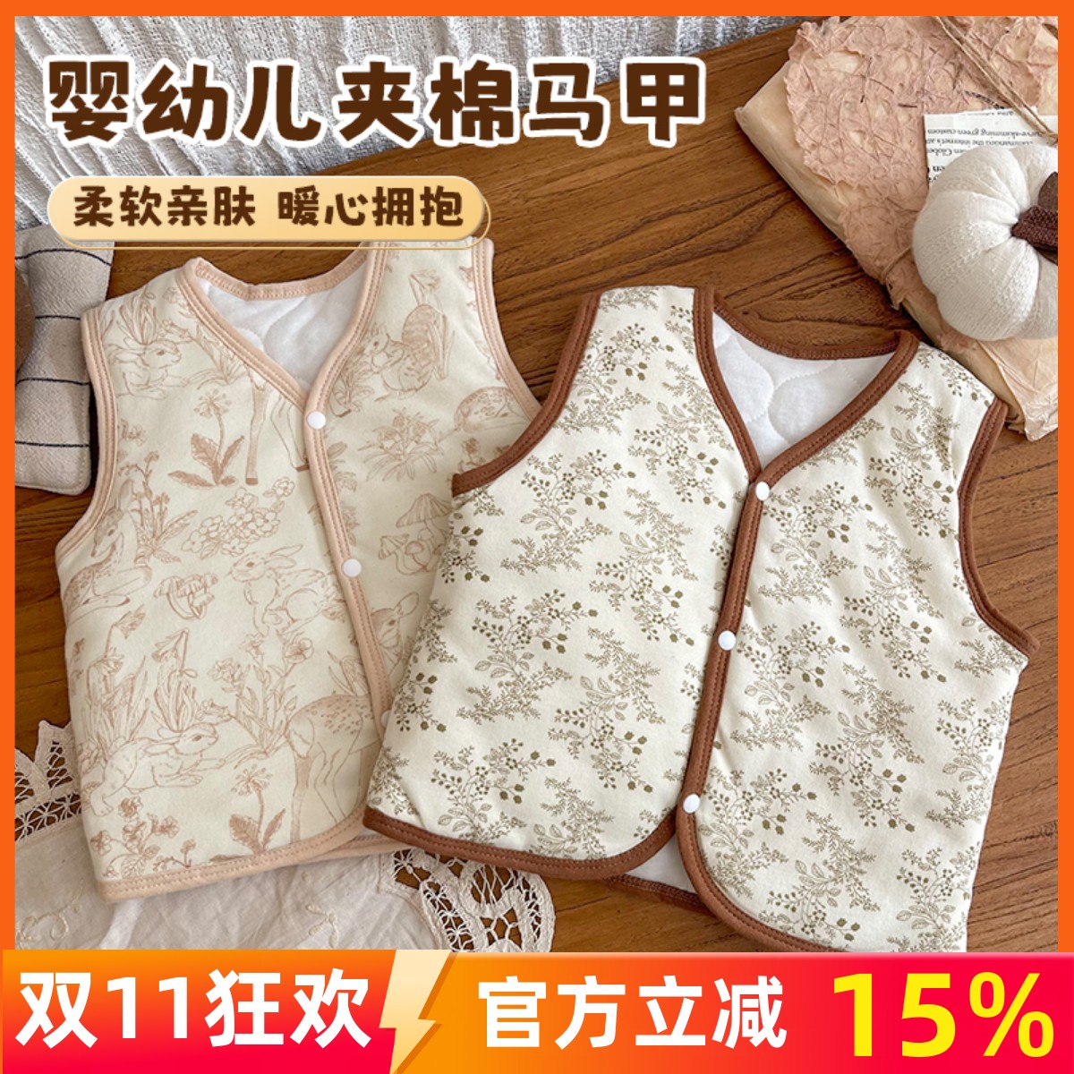 婴儿马甲秋冬季夹棉保暖坎肩宝宝纯棉背心男女童薄棉外穿开衫衣服
