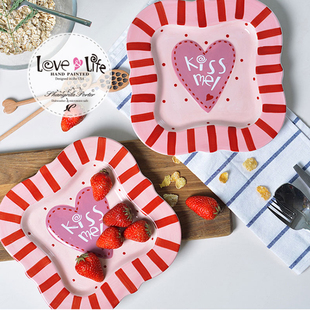 爱在生活手绘彩绘陶瓷盘子菜盘浮雕西餐餐具蛋糕方盘创意情侣送礼