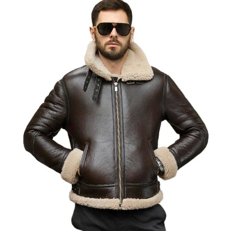 100% shearling sheepskin genuine leather coat mans b3 bombe