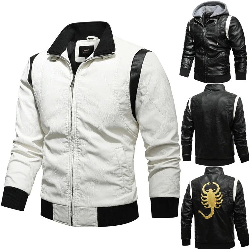 Autumn Winter Bomber Leather Jacket Men Scorpion Embroidery