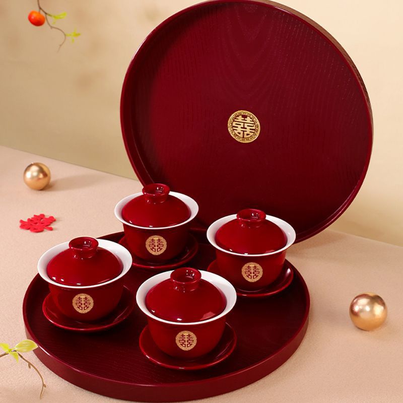 结婚用品改口敬茶杯套装一对喜碗筷杯子婚礼红色茶具敬酒陪嫁大全