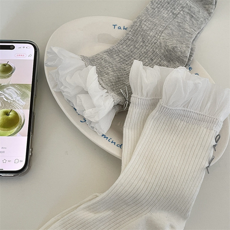 2025日系花边后跟蝴蝶结中筒袜春夏网纱短袜jk甜美女袜子纯色少女