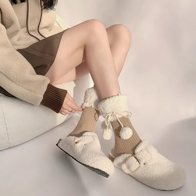 白色羊羔毛拼接短袜女秋冬可爱洛丽塔毛球堆堆袜保暖竖纹针织棉袜,女士内衣/男士内衣/家居服,短袜,淘宝优惠券,粉丝福利购,淘宝优惠卷