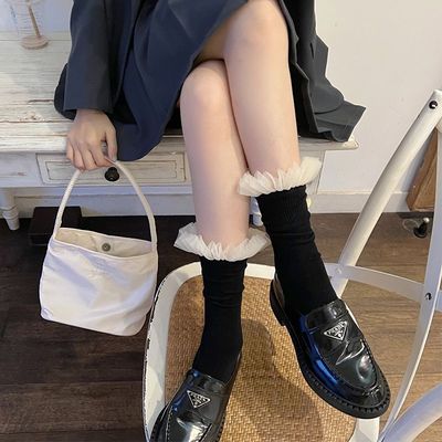 网纱花边芭蕾风堆堆袜甜酷黑白色学生jk长袜子配乐福鞋少女中筒袜