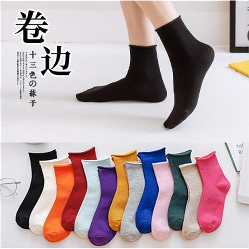 经典款纯色堆堆袜女秋冬新款日系糖果色卷边女袜中长筒棉袜子