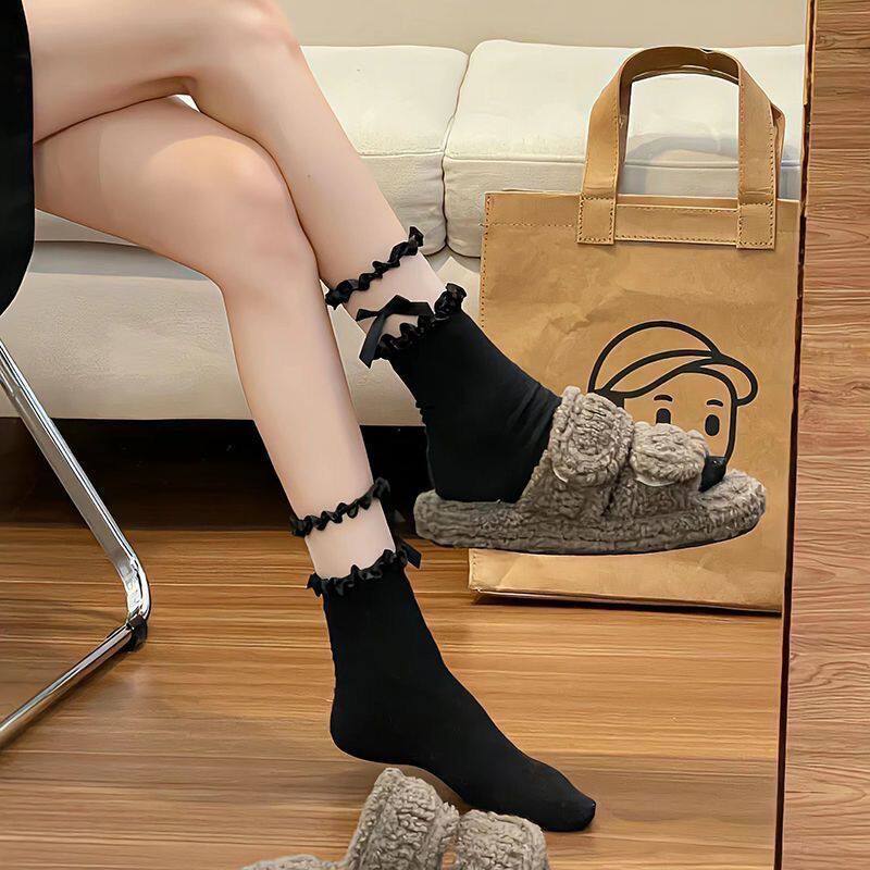 日系袜子蕾丝纯色中筒袜lolita花边袜蝴蝶结宫廷风jk洛丽塔公主袜