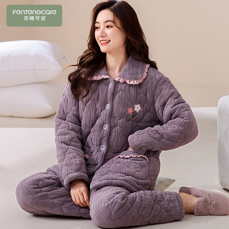 女士保暖三层加厚绒夹棉睡衣