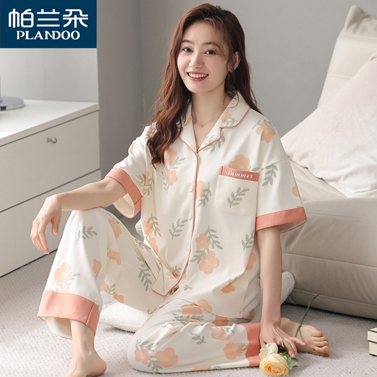 睡衣女短袖长裤夏季纯棉两件套2024年新款中年妈妈夏天薄款家居服