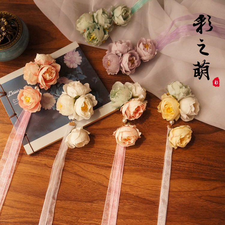古风汉服绢花飘带仙气浅色发簪丝带假花发夹宋制唐风配饰花朵头饰