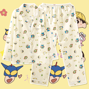 纯棉蜡笔小新睡衣男女春秋季长袖奶黄色可爱夏季网红款情侣家居服