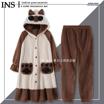 珊瑚绒暹罗猫小豆泥睡衣睡袍