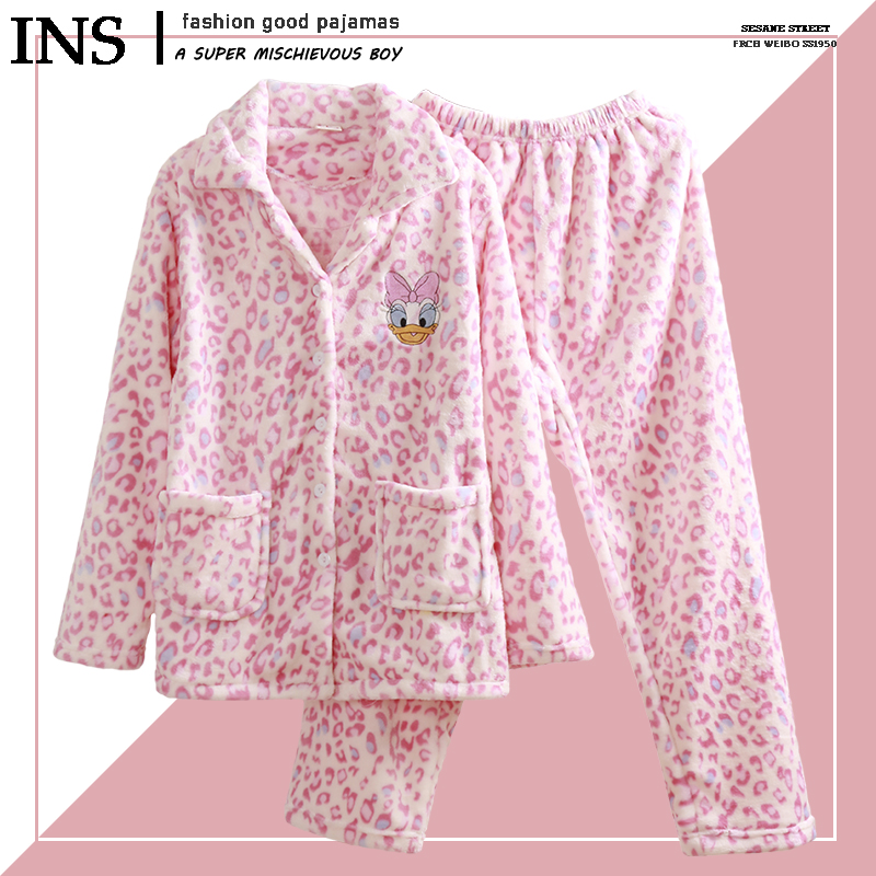 冬天粉色黛西鸭睡衣女生秋冬季珊瑚绒加绒加厚唐老鸭ins风家居服