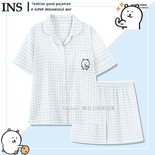 日系蓝色格子自嘲熊睡衣女款 夏季 短袖 薄棉家居服可爱ins风网红款
