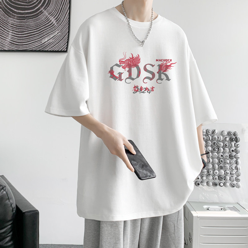 港风潮牌美式印花短袖T恤男宽松韩版半截袖潮流夏季重磅纯棉体恤