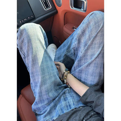 美式复古格子牛仔裤男款夏季痞帅