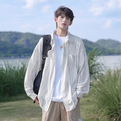 白色扎染长袖衬衫男夏季轻薄透气